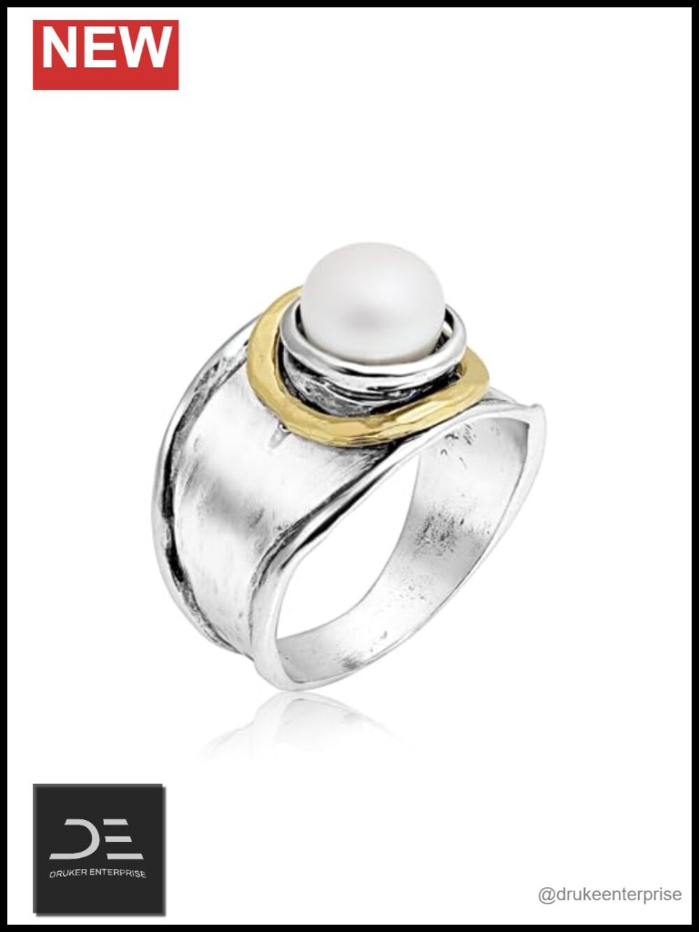 Women's Pearl Statement Ring, 925 Sterling Silver & 14K Gold Plated Two Tone